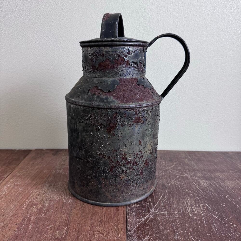 Antique RUSTY Black milk can with handle & Lid Primitive Farmhouse Country Decor